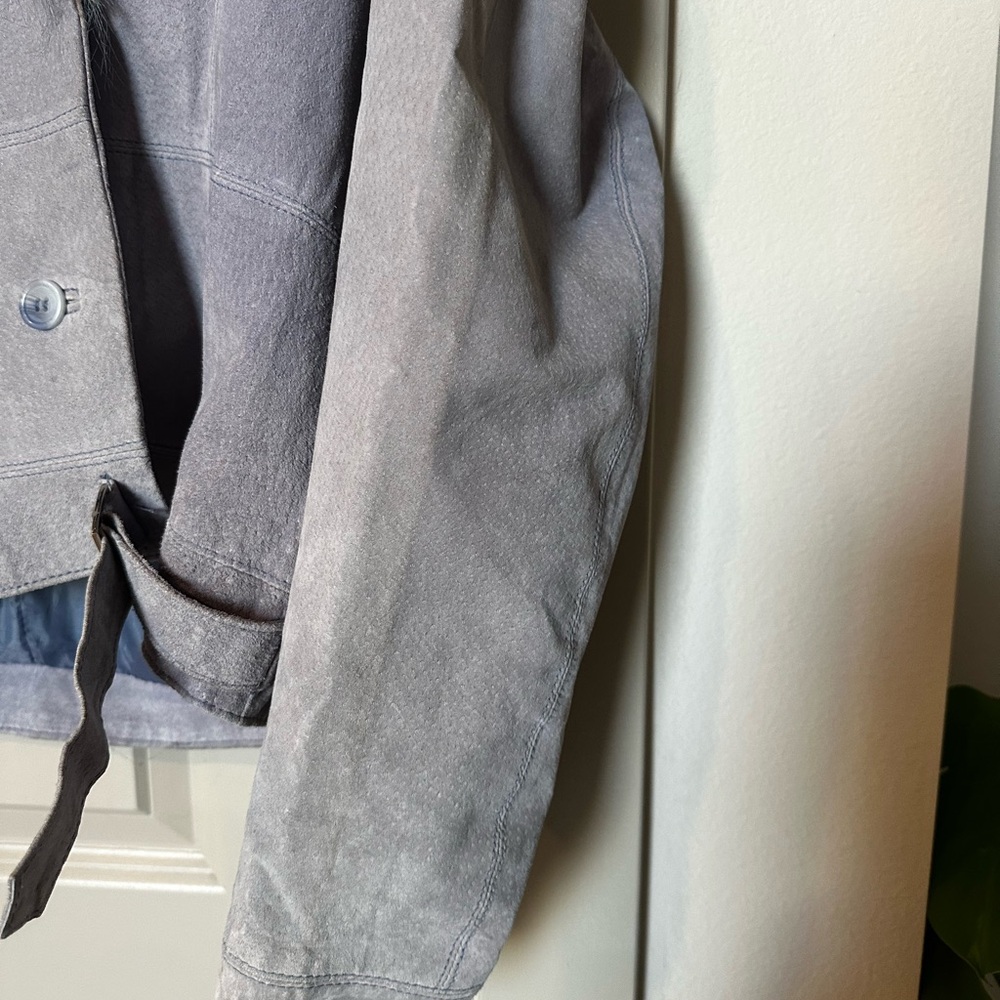 Outbrook Faux Fur Collar Belted Vintage Dusty Periwinkle Suede Jacket - Picture 5 of 10